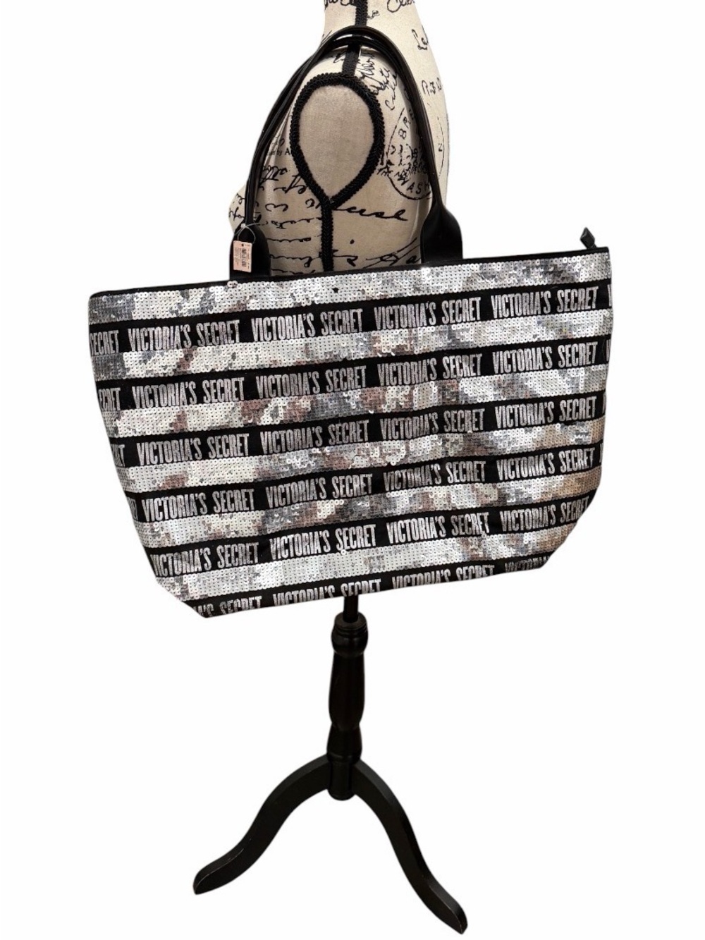 Victoria's Secret Black and Silver Sequin Logo Tote Bag